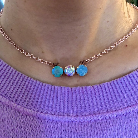 Iridescent Turquoise, Light Sapphire Opal +AB Crystal Bar Necklace - Picture 2 of 11